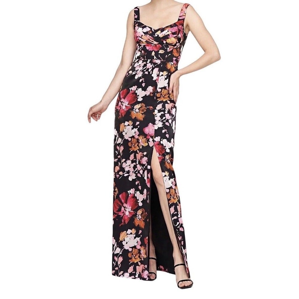 Kay Unger‎ Nicole Column Gown 8 Floral Saffron Black Slit Cocktail Wedding Party